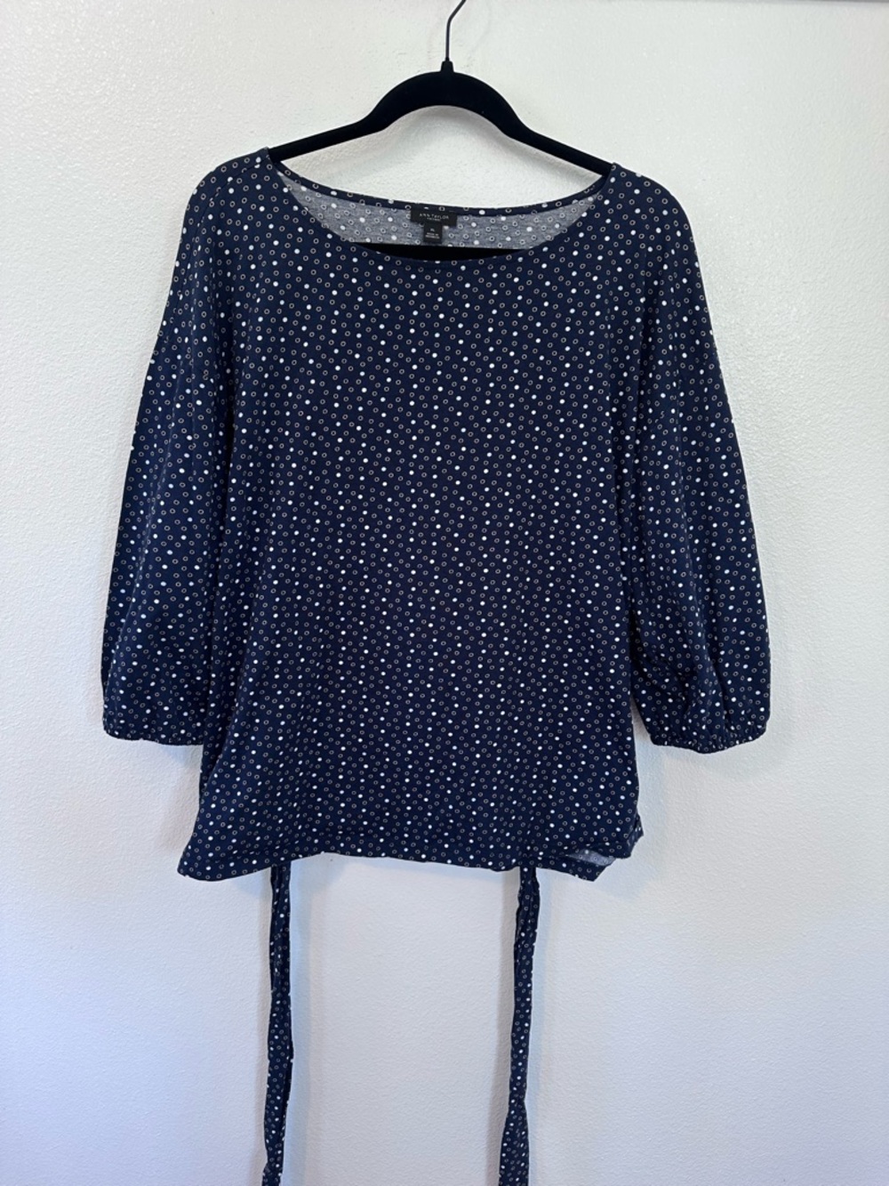 Ann Taylor Navy and White Polka Dot Tie-Hem Blouse